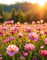 Fototapeta premium Sunlit pink flowers in a blooming summer meadow.
