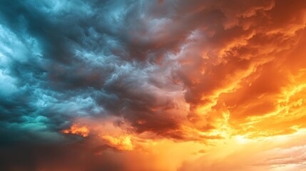 Obraz premium Dramatic sunset sky with fiery orange and stormy blue clouds.