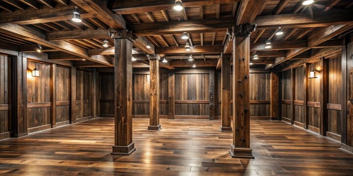Dark wood lambris with exposed beams and wooden posts in a rustic interior setting, dark, exposed,  dark, exposed