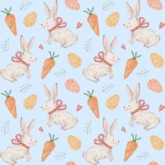 Seamless pattern with cute easter bunny, eggs, carrots. Easter pattern, rabbit fabric design, watercolor illustration. Happy Easter.