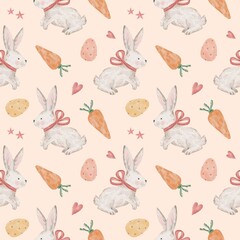 Seamless pattern with cute easter bunny, eggs, carrots. Easter pattern, rabbit fabric design, watercolor illustration. Happy Easter.