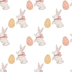 Seamless pattern with cute easter bunny, eggs, carrots. Easter pattern, rabbit fabric design, watercolor illustration. Happy Easter.