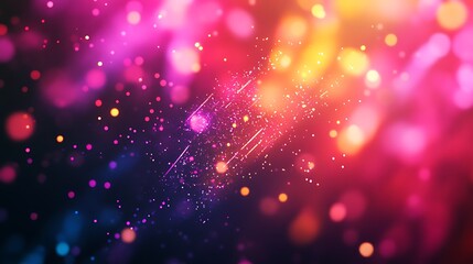 Abstract colorful bokeh background with glowing particles and light streaks.