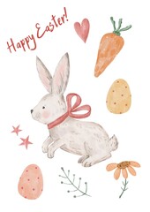 set of Easter elements, bunny, eggs, flowers, carrot, stars, heart, carrots, easter watercolor on white background, isolated elements, easter collection