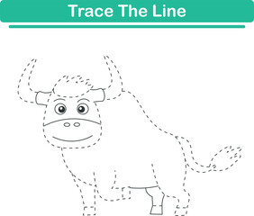 Trace line worksheets for children. Preschool handwriting practice with bull. Vector illustration