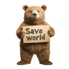 Cute brown bear holding cardboard sign with message to save the world
