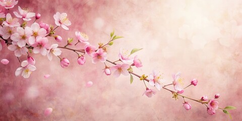 Delicate cherry blossoms on soft pink paper with subtle texture and gentle curves, amidst lush greenery , floral patterns, nature scenes