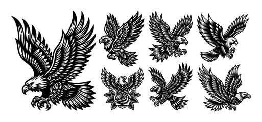 Heraldic Eagle with Wings, Flying Bird Vector Emblem for Tattoo, Design Set, Generative AI