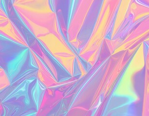 Blurred abstract Modern pastel colored holographic background in 80s style. Crumpled iridescent...