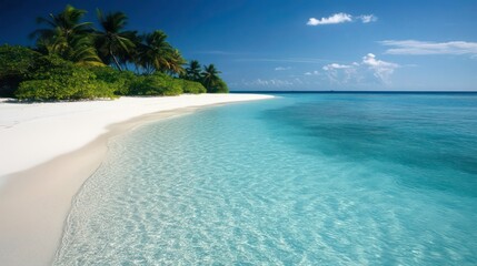 Idyllic tropical beach with white sand, turquoise water, and palm trees under a clear blue sky.