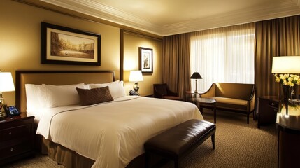 elegant hotel room, luxurious furnishings, refined decor, stylish ambiance, sophisticated space, comfort and elegance