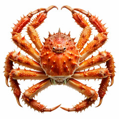 A king crab is displayed in its full, detailed form, highlighting its large claws and spiny legs.
