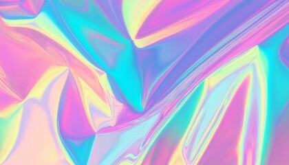 Blurred abstract Modern pastel colored holographic background in 80s style. Crumpled iridescent...