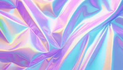 Blurred abstract Modern pastel colored holographic background in 80s style. Crumpled iridescent...