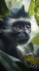 Young Black And White Colobus Monkey In Forest