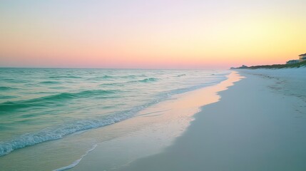 Obraz premium Serene sunset over a tranquil beach with gentle waves lapping the shore.