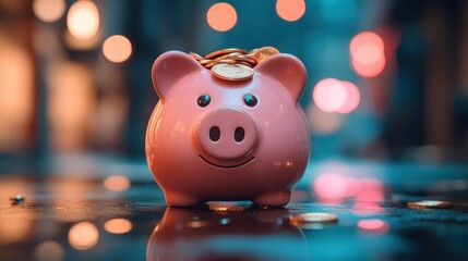 Pink piggy bank with coins, bokeh background.