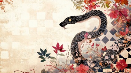 Obraz premium Artistic Year of the Snake card for New Year, Japanese paper