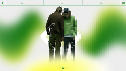 Two men in contrasting outfits standing together with abstract overlays on white and green gradient background. Concept of business, creative design, trends. Banner template. Ads.