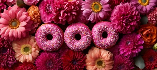 Delicious pink donuts with sprinkles amidst a vibrant bouquet of fresh colorful blossoms.