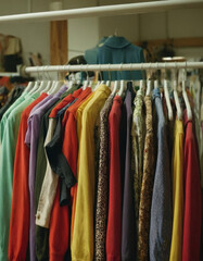 Colorful clothes hanging on hangers in second hand clothing shop, charity shop, thrift store, vintage clothing boutique.