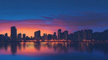 Fototapeta premium evening skyline, city lights, sunset glow, urban silhouette, twilight sky, skyline view