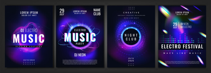 Music background. Sound symbol, light effect. Invitation neon party. Futuristic poster collection. Design flyer glitter night event. Ad musical show. Night club greeting on party. Vector sparkle set