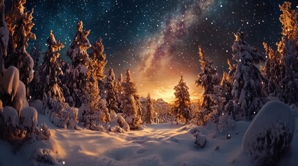 fairy forest, snow-covered trees, moonlight, milky way, starry sky, winter night, christmas, new year magic, tranquil landscape