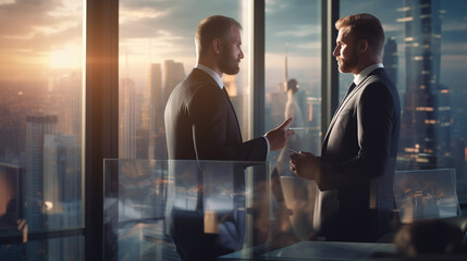 Fototapeta premium A businessman in a sleek suit standing by a large glass window, looking at a futuristic cityscape, holding a tablet with charts displayed, computer technologies