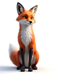 Obraz premium Adorable Orange Fox 3D Render Fluffy Tail Sitting Pose White Background