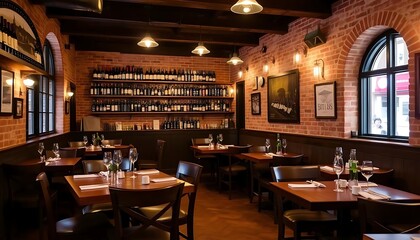 Elegant Restaurant Interior With Brick Walls And Wine Rack