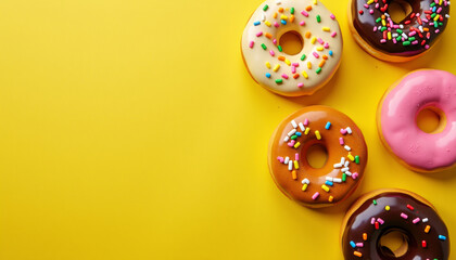 Fototapeta premium Colorful Donuts - with Sprinkles on Yellow Background