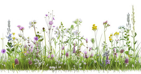 A vibrant array of wildflowers and grasses against a white background.