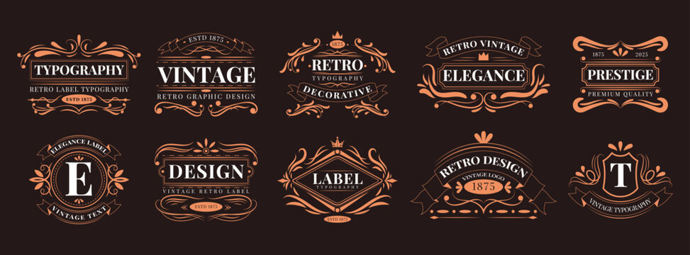 Icon logo vintage. Ribbon, party label, classic emblem. Retro template, restaurant certificate. Stamp flyer, luxury sticker. Decorative elegant calligraphic ornament, vector graphic garish typography