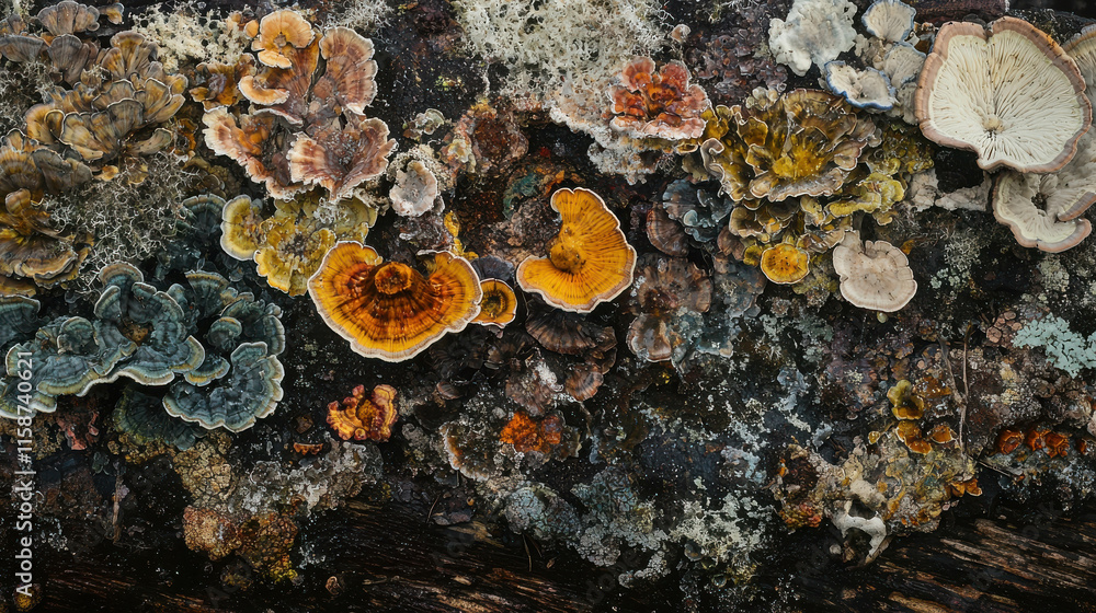Aufkleber close-up of decaying log covered with various types of fungi and lichen