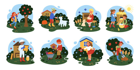 Child on farm. Baby in garden. Kid farmer. Children eating fruit. Farming animals. Honey hive. Little agriculture worker gardening. Vegetables harvest. Watering flowers. Vector tidy illustrations set © Natalia