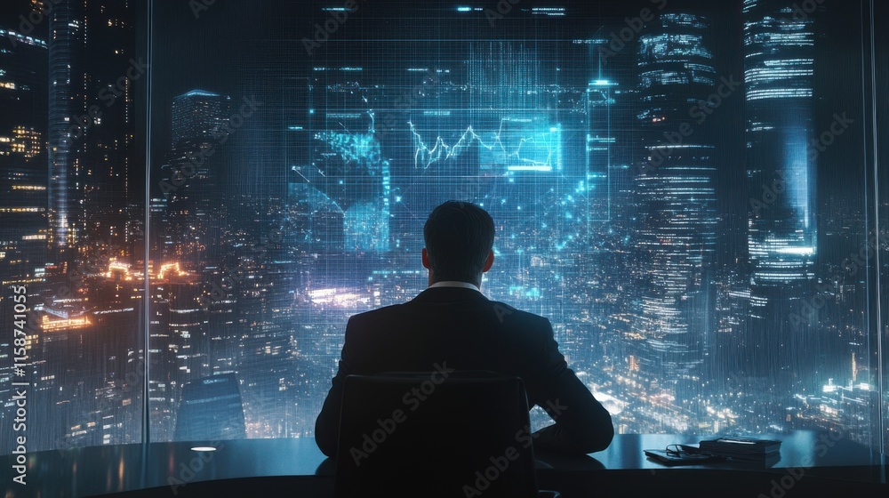 Poster businessman analyzing a futuristic graph displaying 2025