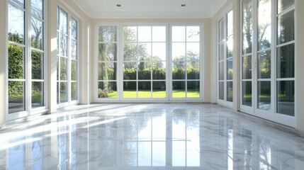 bright sunroom with marble flooring, large windows, and view of garden creates serene atmosphere filled with natural light