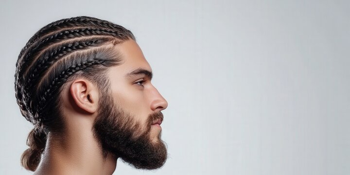 Profile View of a Man with Exquisite Braided Hair and a Goatee, showcasing a detailed and stylish modern hairstyle.