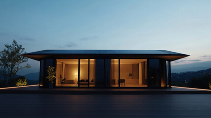 Fototapeta premium modern eco friendly home with large glass windows, surrounded by nature, showcasing cozy interior illuminated at dusk. This design emphasizes sustainability and tranquility