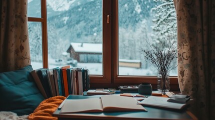 Cozy Table by the Window with Girls' Notebooks and Books, Snowfall Outside Revealing Majestic Mountains, Warm and Cute Interior Ambience
