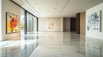 contemporary gallery space featuring marble flooring and vibrant artwork. bright, open area showcases modern art pieces against minimalist backdrop, creating inviting atmosphere