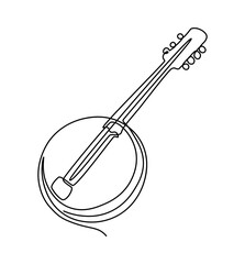 Musical instrument. Continuous line banjo. String orchestra. Traditional concert sound. Acoustic music. Ethnic melody. Round contour guitar. Mexican performance. Western jazz. Vector outline sketch