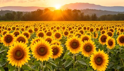 Fototapeta premium Sunflowers - a field of cheerful yellow flowers flooded with warm, radiant light.