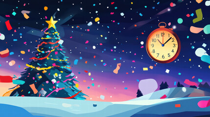 vibrant New Year Eve scene featuring decorated Christmas tree, countdown clock, and colorful confetti against starry night sky. Celebrate festive spirit