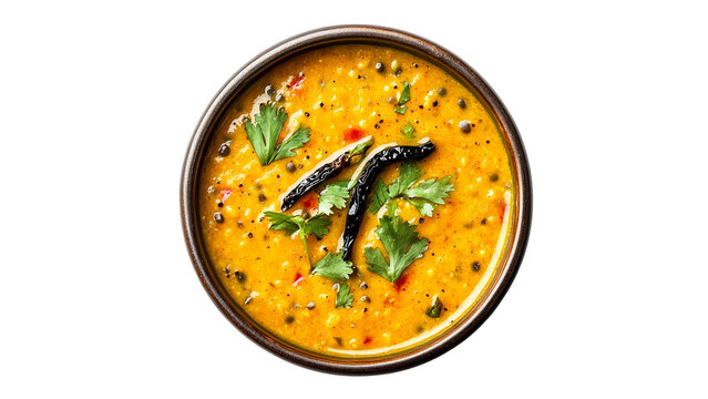 Bowl of yellow dal on a white background, cut out