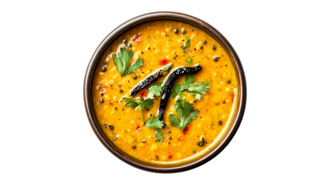 Bowl of yellow dal on a white background, cut out