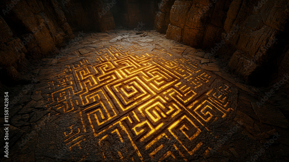 Poster colossal mountain carving with intricate patterns illuminated by soft light