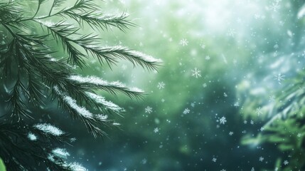 Obraz premium Closeup of a snow-covered evergreen branch in a quiet forest,