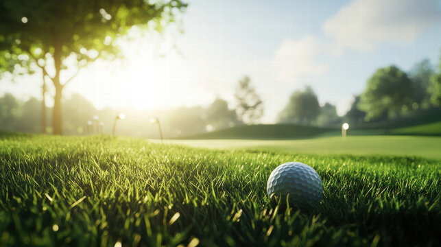 peaceful golf course scene with golf ball resting on lush grass, surrounded by trees and soft sunlight. serene atmosphere invites relaxation and enjoyment of game